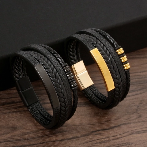 Men Multi Layer Braided Leather Bracelet With Stainless Steel Magnetic Clasp Metal Beads Stylish Wristband Jewelry