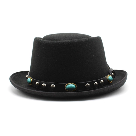 Vintage Wool Felt Pork Pie Hat With Leather Turquoise Rivet Band Western Bohemian Sunshade Fedora For Men Women
