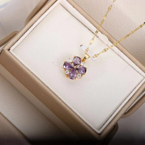 Blume Anhänger Halskette Lila Kristall Zirkon Vergoldeter Edelstahl Rotierende Kette Schmuck Für Damen