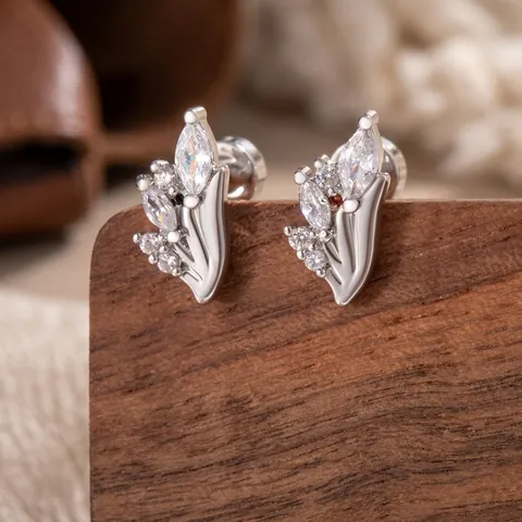 Alloy Floral Cartilage Stud Earring With Titanium Steel Post And Cubic Zirconia Screw Back Design For Women