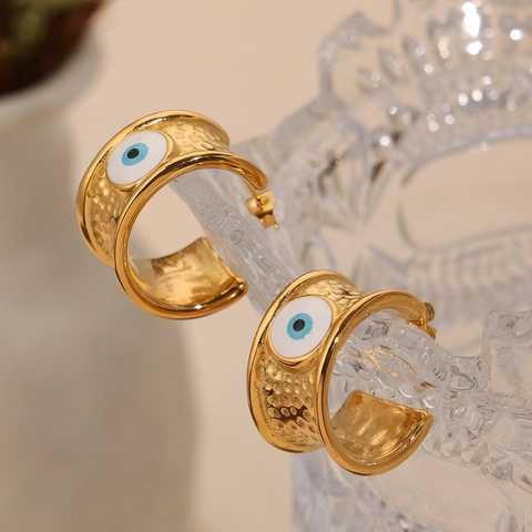 Evil Eye Schmuck Kollektion Vintage Edelstahl Emaille Gehämmert Creolen Und Ring Für Damen Retro Minimalistisch