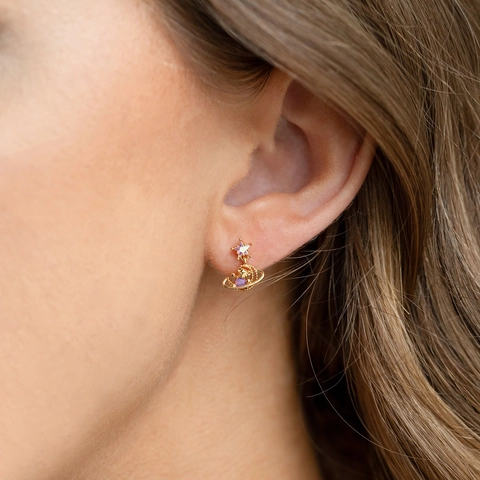 Orecchini Pendenti Orso Stella Luna Pianeta Ottone Placcato Oro 18K Con Perno In Argento 925 Zircone