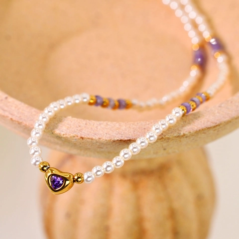 Collana di Perline in Pietra Naturale Fatta a Mano per Donna Acciaio al Titanio Placcato Oro Perla Artificiale Cuore Strass Ciondolo Gioielli