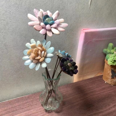 Natural Crystal Tumbled Stone Flowers Handmade Gemstone Sunflower Ornaments For Home Office Desk Decor Rose Quartz Amethyst