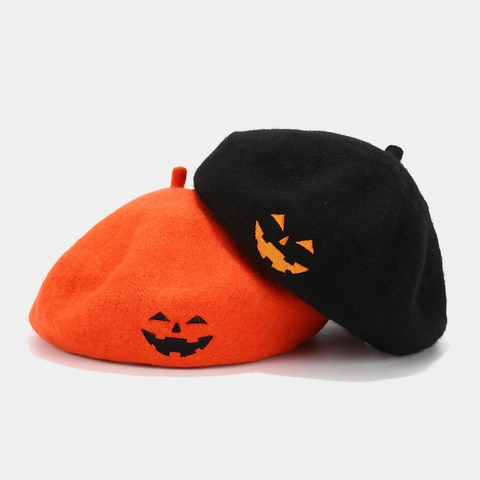 Beret Hat Wool Felt Halloween Pumpkin Face Embroidered Novelty Fashion Costume Accessories For Women Men