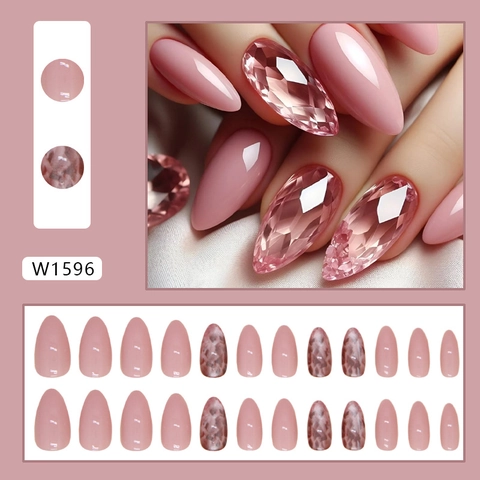 Unghie Finte Press On Corte Mandorla Lucido Rosa Cristallo Marmo Copertura Totale Per Manicure Donna