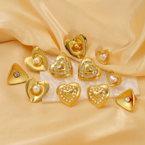 Pendientes De Botón Corazón Triángulo Acero Inoxidable 304 Chapado Oro 18K Con Perla Artificial Circonita Estilo Vintage Francés
