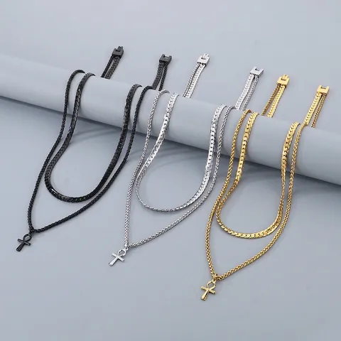 Men Layered Necklace Stainless Steel Ancient Egyptian Ankh Cross Pendant Stacking Cuban Wheat Chain Jewelry