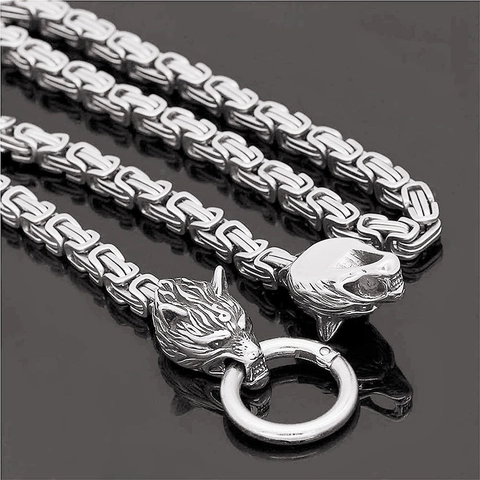 Viking Thor Hammer Pendant Necklace Stainless Steel Wolf Heads Byzantine Chain Retro Nordic Mythology Jewelry For Men
