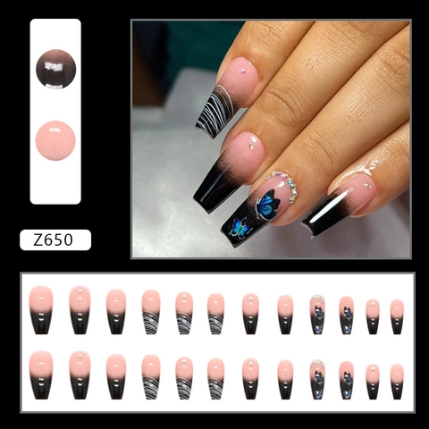 Faux Ongles À Coller Dégradé Noir Rose Motif Papillon Et Strass Forme Cercueil Longue Style Y2K