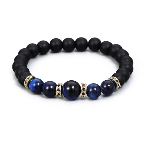 Men's Beaded Bracelet With Blue Tiger Eye And Matte Lava Stone Alloy Spacers Elastic Healing Jewelry
