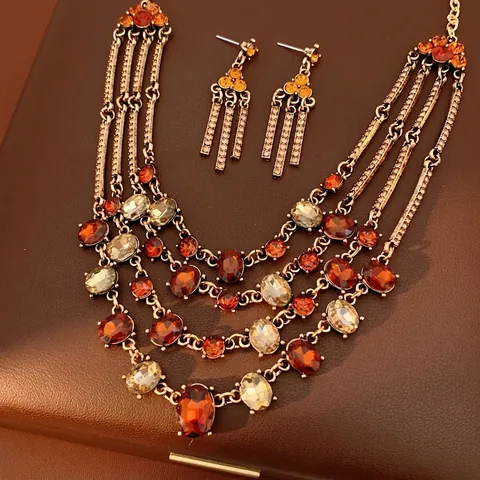 Vintage Legering Rhinestone Multi Layer Ketting En Kwastje Oorbellen Met Zilveren Oorsteker Retro Sieraden Voor Vrouwen