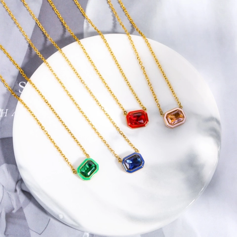 Y2K Colorful Macaron Zirconia Pendant Necklace For Women Light Luxury Niche Design Gold Plated Stainless Steel Jewelry