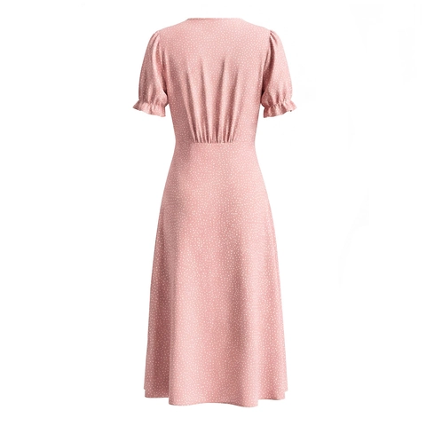 Polka Dot Midi Kleid Mit Spitze V Ausschnitt Kurzen Puffärmeln Viskose Hohe Taille Retro Elegant Französischer Stil Damen
