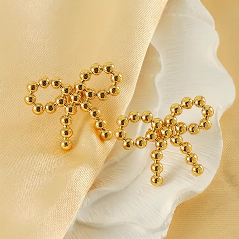 Elegante Schleifenohrstecker Aus Edelstahl Mit 18K Goldbeschichtung Beaded Texture Mode Minimalistischer Schmuck