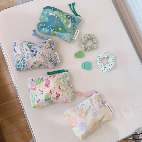 Floral Cotton Canvas Coin Purse Mini Zipper Pouch Earphone Lipstick Small Organizer Bag For Women Girls Cute Rabbit Print
