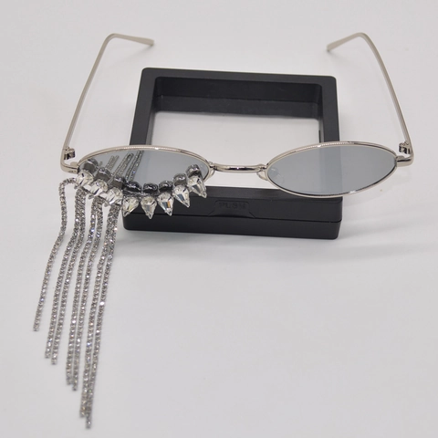 Ovalen Zonnebril Voor Dames Met Lange Strass Franjes Metalen Frame Trendy Party Bril Glinsterende Ins Stijl