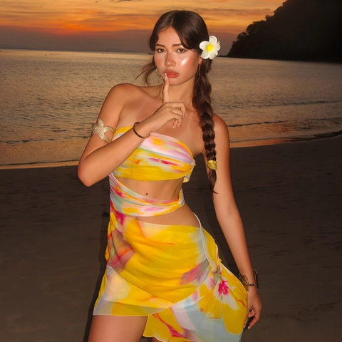 Vestito Corto Senza Spalline Con Ritagli Poliere Spandex Stampa Tie Dye Orlo Asimmetrico Sexy Estate Spiaggia Vacanze