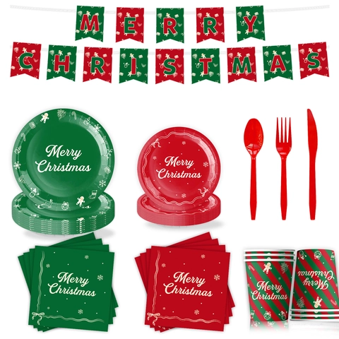 Kerstfeest Servies Wegwerp Papieren Borden Bekers Servetten Plastic Bestek Tafelkleed Banner Rood Groen Decor