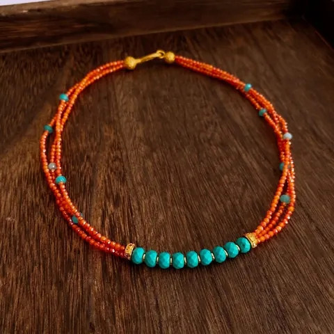 Vintage Three Layer Beaded Necklace Women Bohemian Glass Stone Beads Handmade Brass Clasp Ethnic Style Jewelry