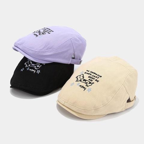 Cotton Flat Cap Vintage Ivy Hat With Cartoon Puppy Embroidery Adjustable Casual Sun Protection For Men Women