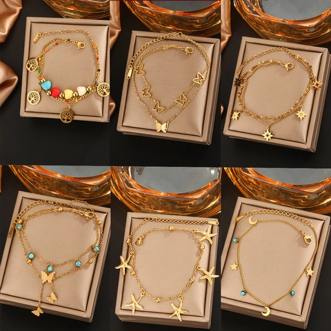 Stainless Steel Butterfly Star Moon Tree Of Life Anklet Bracelet Eight Pointed Star Jewelry For Women 18K Gold Plated