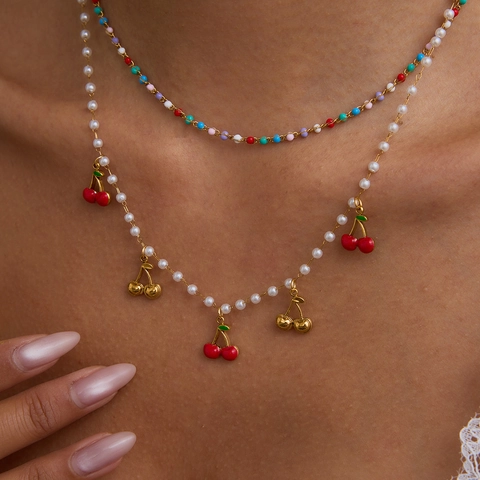 Französischer Stil Edelstahl Künstliche Perle Kirsche Anhänger Halskette Elegant Nischendesign Schlüsselbeinkette Damen Schmuck