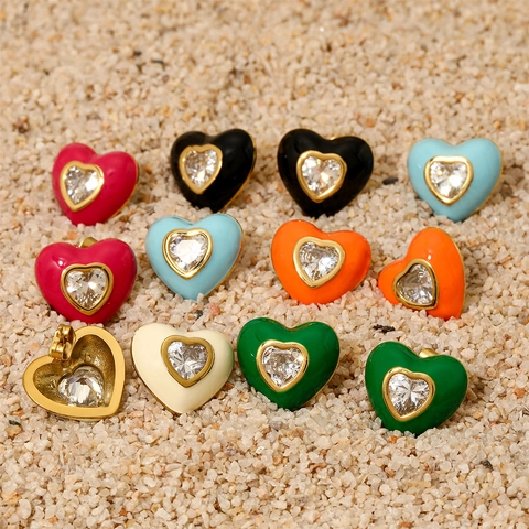 Boucles D'Oreilles Cœur Acier Inoxydable Émail Coloré Incrustation Zircon Style INS Bijoux Mode Femmes