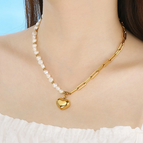 Heart Pendant Necklace Stainless Steel Artificial Pearl Stitching Multilayer Link Paperclip Chain Elegant Jewelry For Women