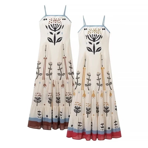 Damen Boho Floral Mesh Maxi Kleid Spaghettiträger Stufenrock Sommer Strand Elegant Ärmelloses Langes Kleid
