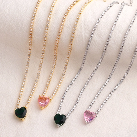Collana Tennis Con Pendente A Cuore Rame Placcato Oro Zirconia Gioielli Di Moda Per Donna