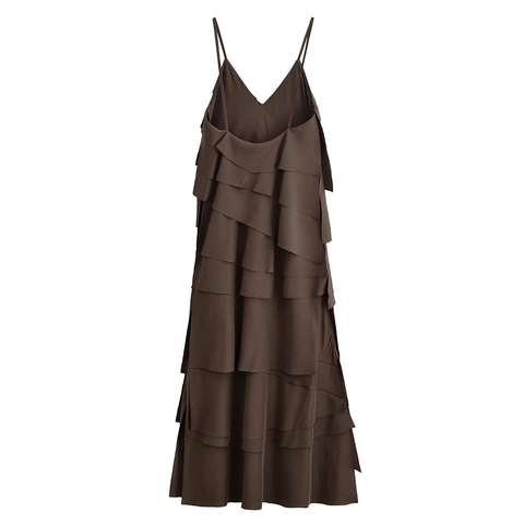 Vestido Maxi Casual de Capas para Mujer Color Sólido Cuello en V Camisola Verano Holgado Volantes Vestido de Sol Marrón Oscuro Poliéster