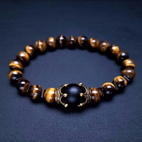 Herren Perlenarmband Natürliches Tigerauge Achat Perlen Legierung Kronenanhänger Elastisch Retro Mode Handschmuck