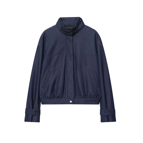 Chaqueta Bomber De Mujer Color Sólido Azul Marino Cuello Alto Manga Larga Casual De Sarga Con Cremallera