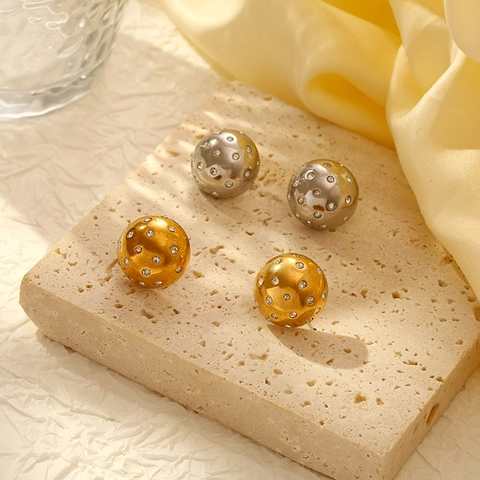 Pendientes De Botón De Bola Redonda De Moda Acero Inoxidable Bañado En Oro De 18K Joyería Con Circón Para Mujeres