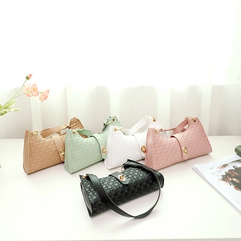 Women Chic Embossed PU Leather Underarm Bag Baguette Handbag With Gold Turn Lock Closure Daily Retro Style
