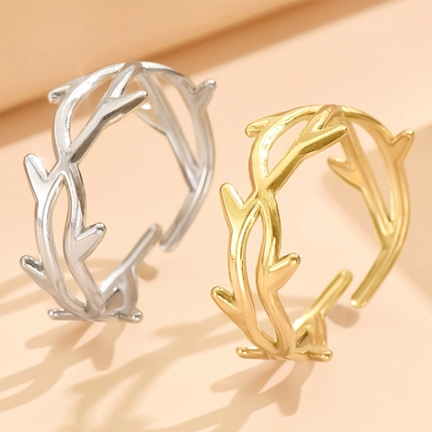 Anello Aperto In Acciaio Inossidabile Design Ramo Foresta Spina Foglia Gioiello Minimalista Elegante Regolabile Da Donna