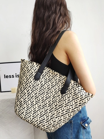 Women Woven Paper Rope Tote Bag Large Capacity Zigzag Pattern Shoulder Bag For Summer Beach Vacation Casual Simple