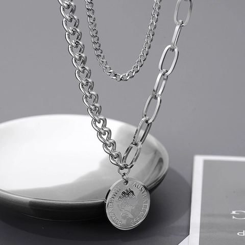Double Layer Stainless Steel Necklace Elizabeth II Portrait Coin Pendant Cuban And Paperclip Chain Vintage Hip Hop Jewelry