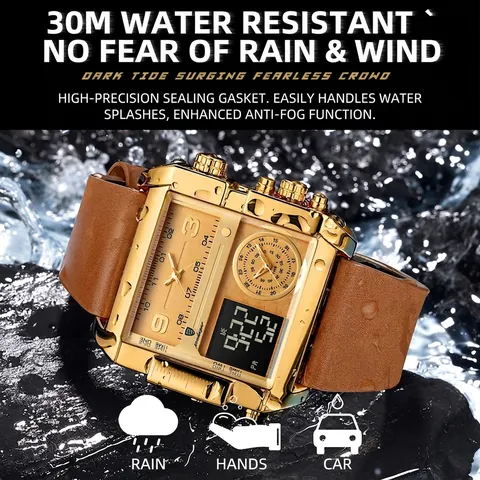 POEDAGAR Men Dual Display Watch Waterproof Square Luminous Multi Timezone Analog Digital Leather Strap Casual Business Watch