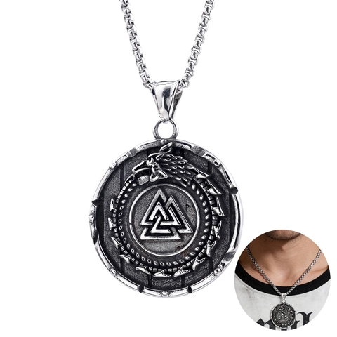 Collana Pendente Vichingo Acciaio Inossidabile Simbolo Valknut Rotondo Rilievo Drago Gioielli Mitologia Nordica Per Uomo Finitura Antica