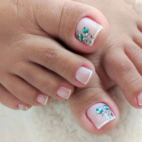 Künstliche Zehennägel Französischer Stil Rosa Weiße Spitzen Blumenmuster Strass Dekor Falsche Zehennägel Sommer Frisch Süß