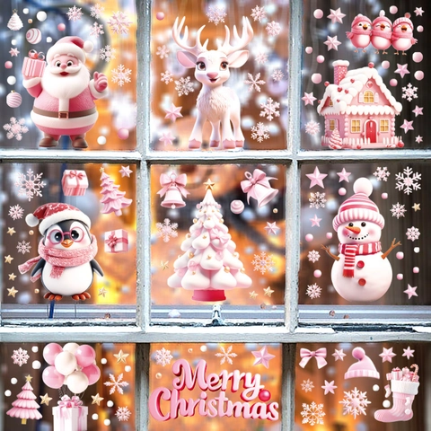 Christmas Window Stickers 3D Santa Snowman Reindeer Cat Snowflake PVC Static Cling Double Sided Removable Holiday Decor