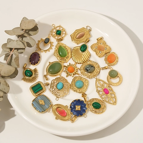 Pendenti Retro In Acciaio Inossidabile Con Pietra Naturale Malachite Turchese Placcato Oro 18K Ciondoli Gioielli DIY