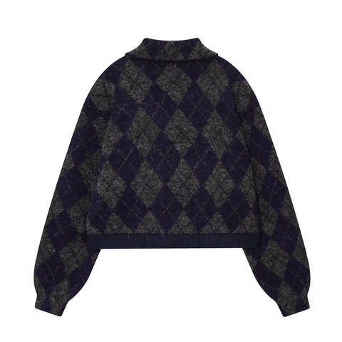 Giacca Bomber In Maglia A Rombi Da Donna Morbida Con Cerniera Colletto A Revers Allentata Casual Cappotto Vintage