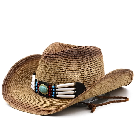 Cappello Cowboy Paglia Sfumato Tesa Larga Perla Turchese Etnica Protezione Solare Spiaggia Outdoor Per Uomo Donna Cordino