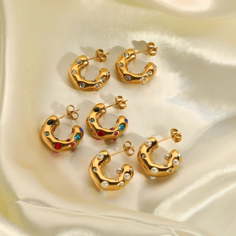 Orecchini A Cerchio In Acciaio Inossidabile Placcato Oro 18K Con Künstliche Perle E Zirconi Colorati Gioielli Geometrici Da Donna