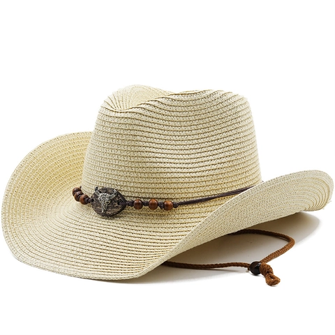 Western Cowboy Straw Hat Wide Brim Sun Protection Breathable Beach Summer Travel With Bull Head Decor Windproof Rope
