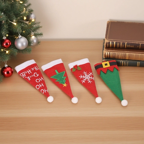 Porta Cubiertos De Navidad Tela No Tejida Sombrero Papá Noel Bolsa Cuchillo Y Tenedor Decoración Mesa Copo Árbol Duende