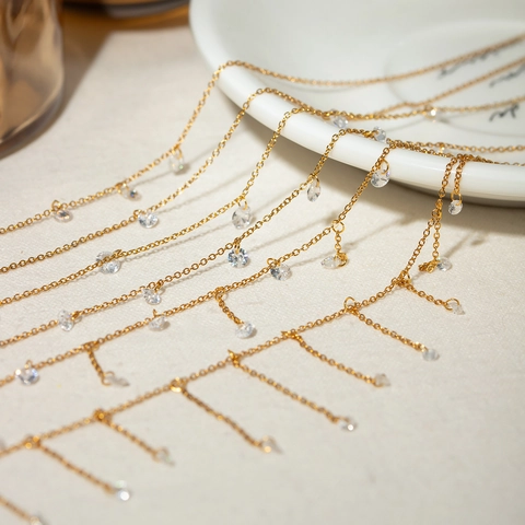 Minimalist 18K Gold Plated Stainless Steel Necklace With Multiple Transparent Zircon Pendants For Women INS Style